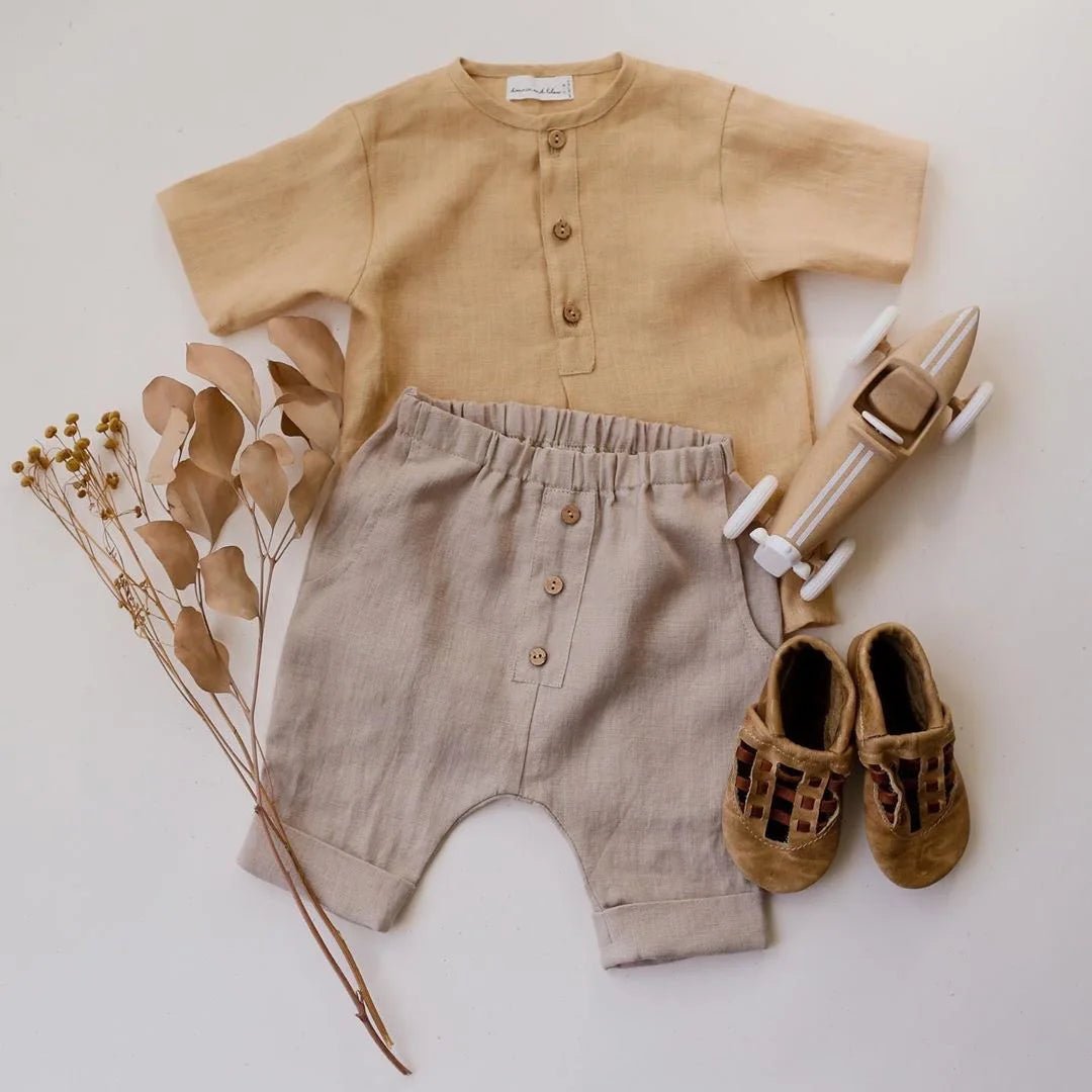Vintage Linen Cotton Boys Shirt Toddler Summer Casual Clothing Sets Solid Short Sleeve T-Shirt Tops+Shorts Outfits For 0-3T Kids - Astra Wear astrawear.ca