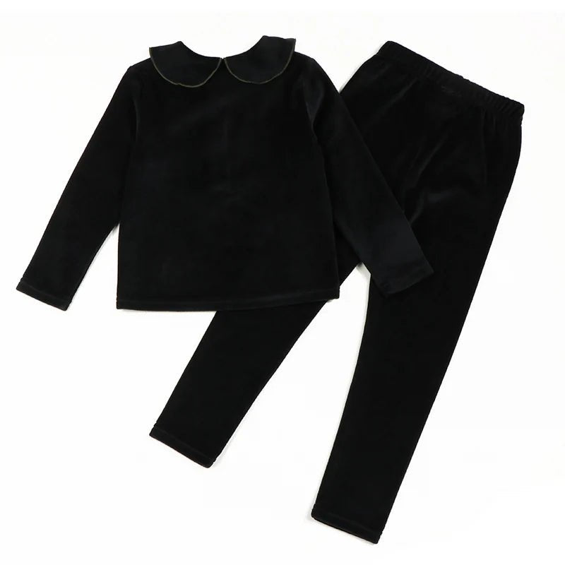 Winter clothes for baby and children baby girl winter 2pcs sets children's pants kids clothes girl black velour with green neck - Astra Wear astrawear.ca
