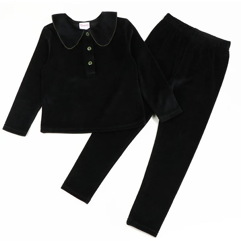 Winter clothes for baby and children baby girl winter 2pcs sets children's pants kids clothes girl black velour with green neck - Astra Wear astrawear.ca