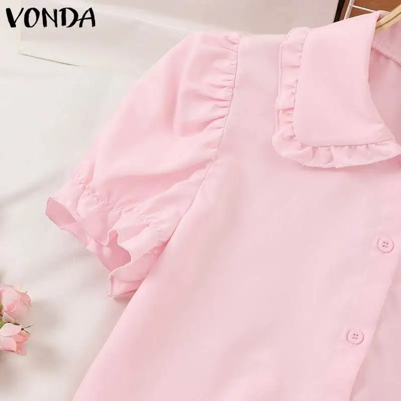 Women Elegant Shirts 2024 VONDA Fashion Summer Short Sleeve Tops Casual Solid Color Shirts Loose Lapel Neck Tunic Blusas Baggy - Astra Wear astrawear.ca
