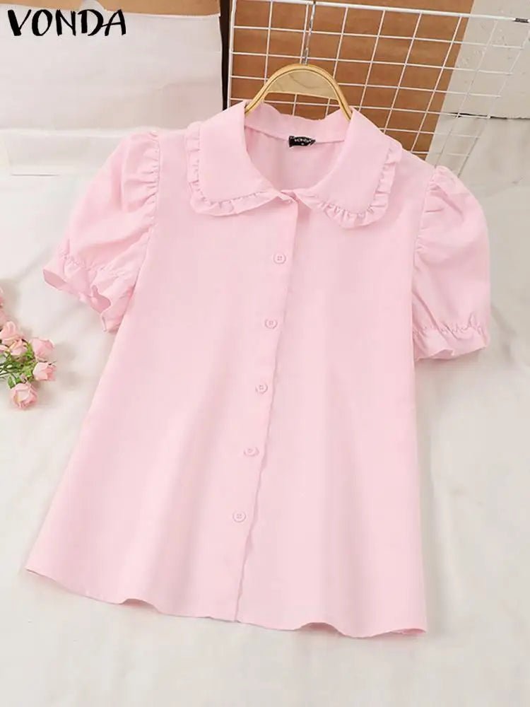 Women Elegant Shirts 2024 VONDA Fashion Summer Short Sleeve Tops Casual Solid Color Shirts Loose Lapel Neck Tunic Blusas Baggy - Astra Wear astrawear.ca