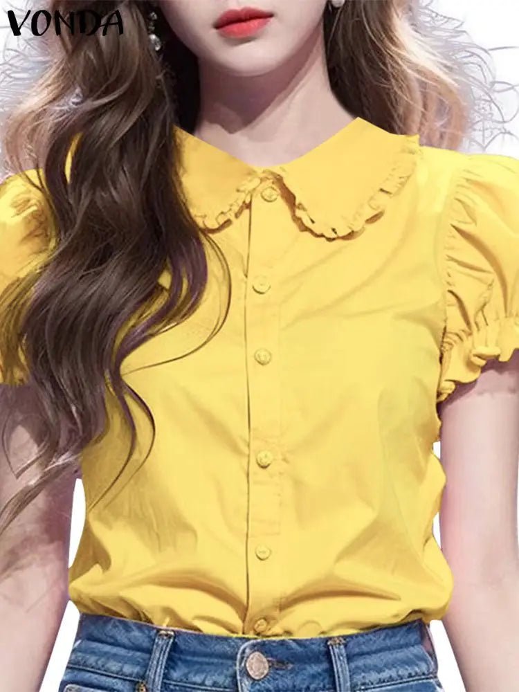 Women Elegant Shirts 2024 VONDA Fashion Summer Short Sleeve Tops Casual Solid Color Shirts Loose Lapel Neck Tunic Blusas Baggy - Astra Wear astrawear.ca