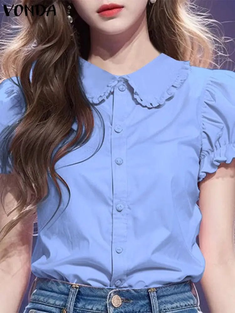 Women Elegant Shirts 2024 VONDA Fashion Summer Short Sleeve Tops Casual Solid Color Shirts Loose Lapel Neck Tunic Blusas Baggy - Astra Wear astrawear.ca