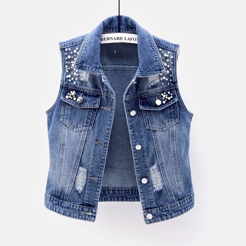 Women Lapel Jacket Vintage Denim Vest Loose Fit Bead Decor Single-breasted Hop Streetwear for Ladies Fall/spring Waistcoat - Astra Wear astrawear.ca