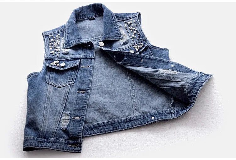 Women Lapel Jacket Vintage Denim Vest Loose Fit Bead Decor Single-breasted Hop Streetwear for Ladies Fall/spring Waistcoat - Astra Wear astrawear.ca