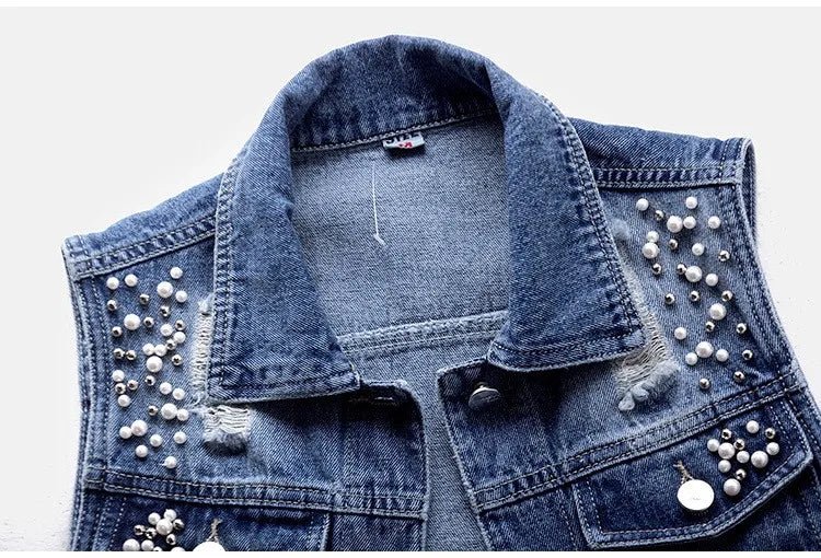 Women Lapel Jacket Vintage Denim Vest Loose Fit Bead Decor Single-breasted Hop Streetwear for Ladies Fall/spring Waistcoat - Astra Wear astrawear.ca