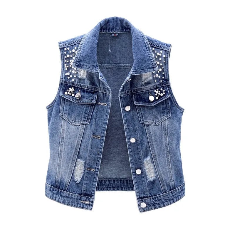 Women Lapel Jacket Vintage Denim Vest Loose Fit Bead Decor Single-breasted Hop Streetwear for Ladies Fall/spring Waistcoat - Astra Wear astrawear.ca