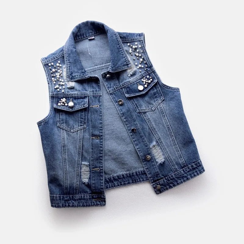 Women Lapel Jacket Vintage Denim Vest Loose Fit Bead Decor Single-breasted Hop Streetwear for Ladies Fall/spring Waistcoat - Astra Wear astrawear.ca