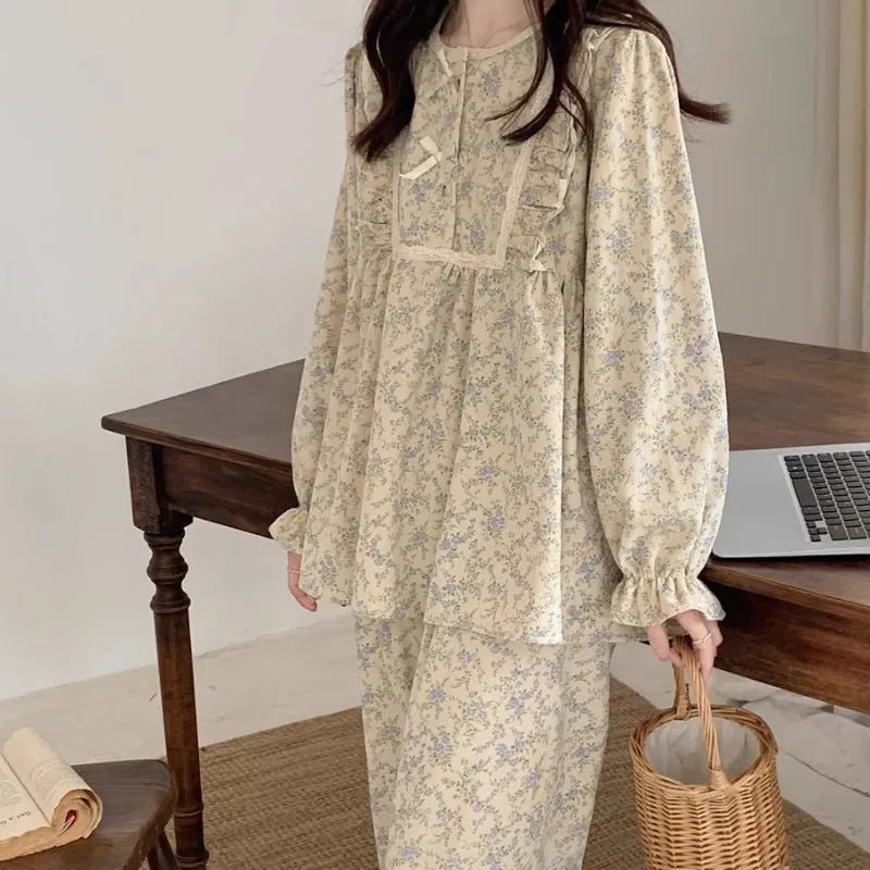 Women Plus Size Pajamas Garden Style Student Homewear Two-Piece Korean Version of the Bow Can Be Worn Outside Long-Sleeved women - Astra Wear astrawear.ca