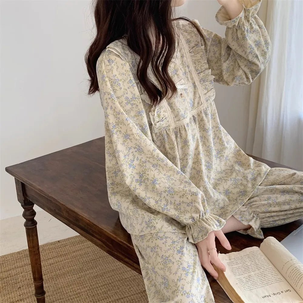 Women Plus Size Pajamas Garden Style Student Homewear Two-Piece Korean Version of the Bow Can Be Worn Outside Long-Sleeved women - Astra Wear astrawear.ca