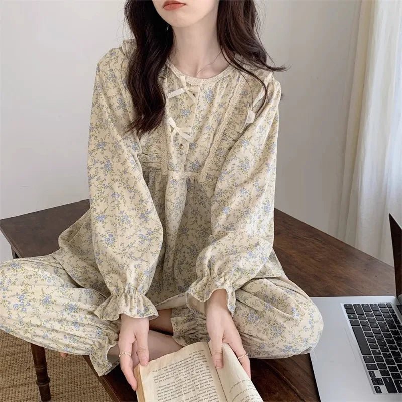 Women Plus Size Pajamas Garden Style Student Homewear Two-Piece Korean Version of the Bow Can Be Worn Outside Long-Sleeved women - Astra Wear astrawear.ca
