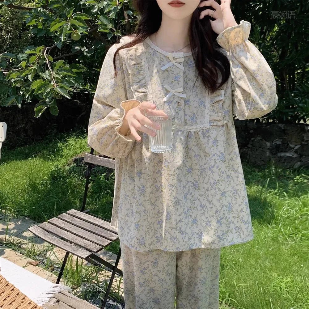 Women Plus Size Pajamas Garden Style Student Homewear Two-Piece Korean Version of the Bow Can Be Worn Outside Long-Sleeved women - Astra Wear astrawear.ca