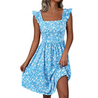 Women's Clothing Hot-selling Square Collar Sweet Floral Print Ruffled Knee-length Beach Skirt - Astra Wear astrawear.ca